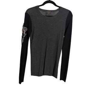 Vera Wang 100% Cashmere Sweater Gray Black Colorblock Crystal Crown Embellished